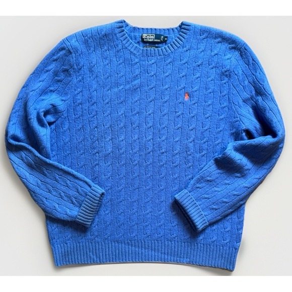 Polo Ralph Lauren Men's XL Blue Merino Wool Angora Blend Cable Knit Sweater - Picture 1 of 13